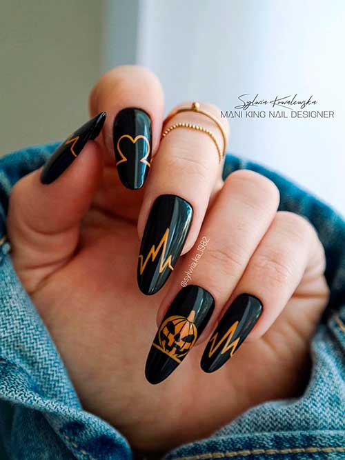 Cute Black Nails with Pumpkin Nail Art