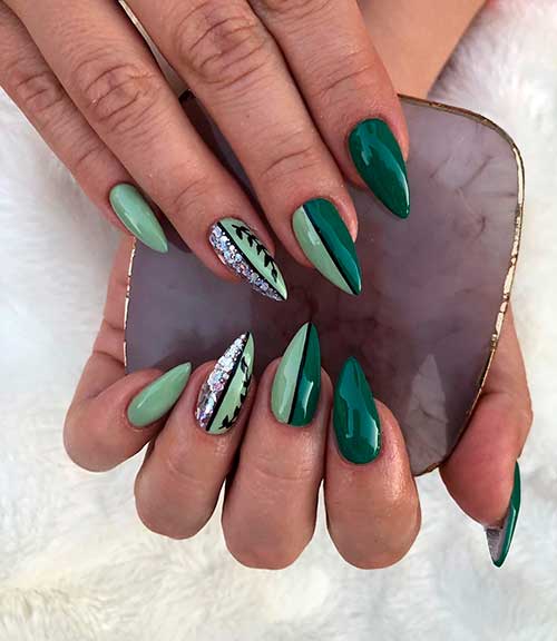 Cute almond shaped two-toned dark green nails 2020 for fall and winter seasons!