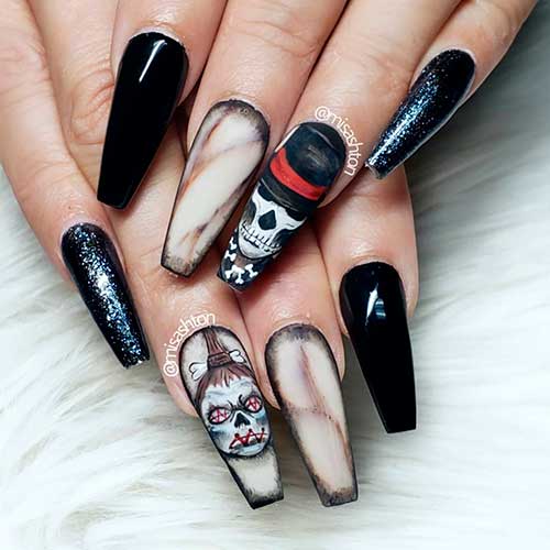 Cute coffin-shaped witch nails for a Halloween party!