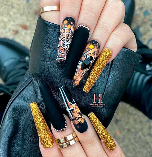 Cute matte black Halloween spider web nails design 2020 with gold glitter and rhinestones
