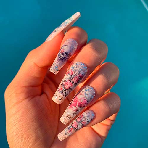 Cute sparkling skull nail art you should try this in Halloween 2020