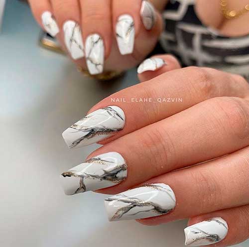 Cute white marble nails 2020 in coffin shaped style!