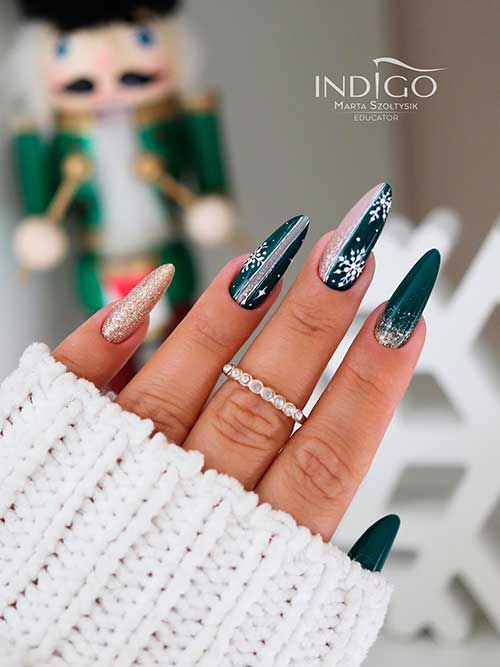 Long Almond Shaped Dark Green Nails with Snowflakes and Gold Glitter