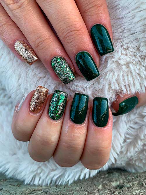 Dark green nails with gold and green glitter accent nails Short Square dark green nails with gold and green glitter accent nails