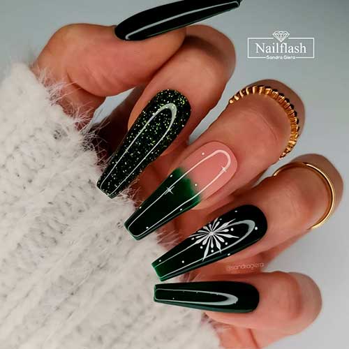 Long Coffin Shaped Dark Green Nails with Glitter and A White Snowflake