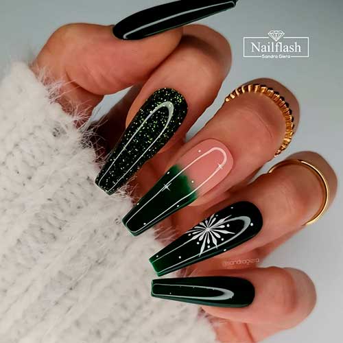 Elegant Dark Green Nails with Glitter Long Coffin Shaped Dark Green Nails with Glitter and A White Snowflake