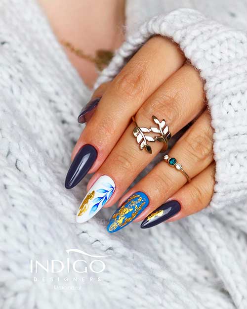 Fashion purple fall nails with gel polish Apollo that features stunning fall almond nails 2020 shades of blue with gold foil patches