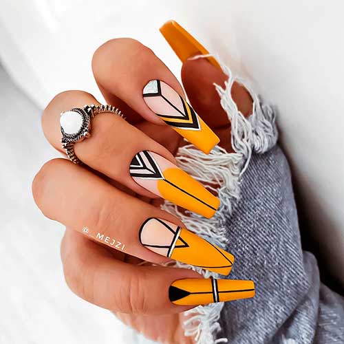 Gorgeous matte yellow coffin nails 2020 that adored with white and black lines look for autumn 2020 - fall yellow nail designs