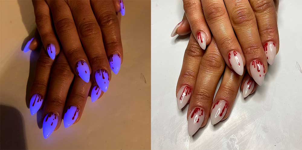 Halloween Blood Dripping Glow in the Dark Nails 2020 Almond Shaped