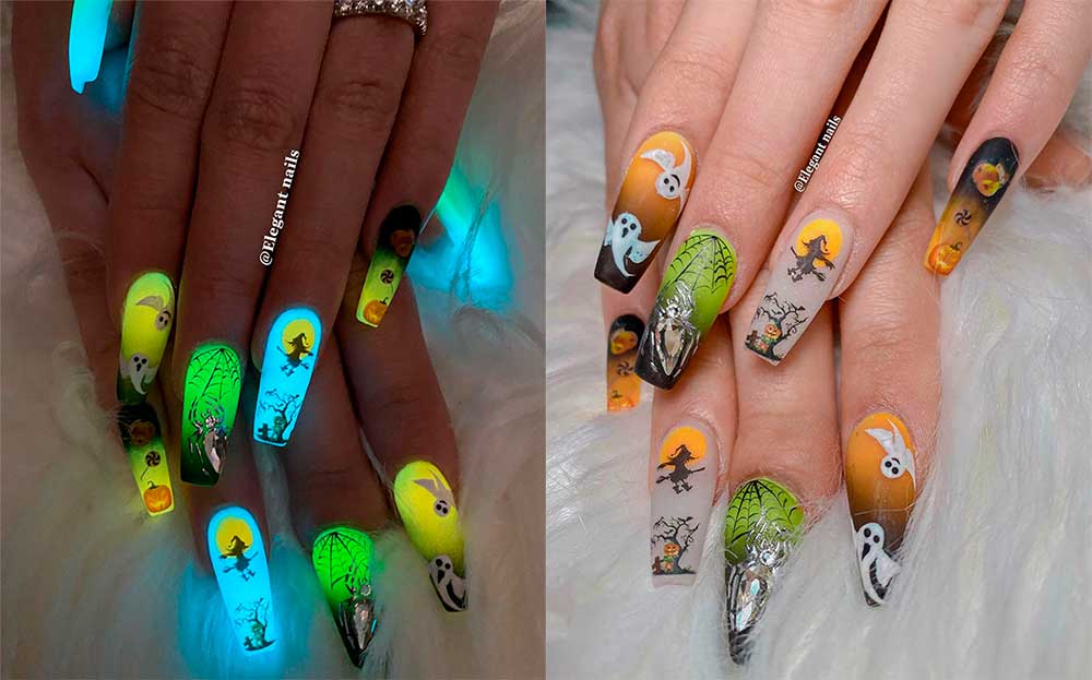 Halloween ombre glow in the dark nails 2020 coffin shaped!