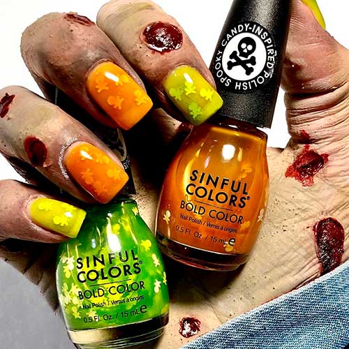 Halloween nail art sinful colors combo of Sour Apple Killer and Twisted Toffee shades