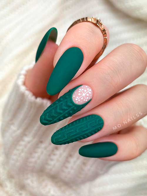 Long Round Shaped Matte Dark Green Nails with Sweater Nail Art and A White Snowflake