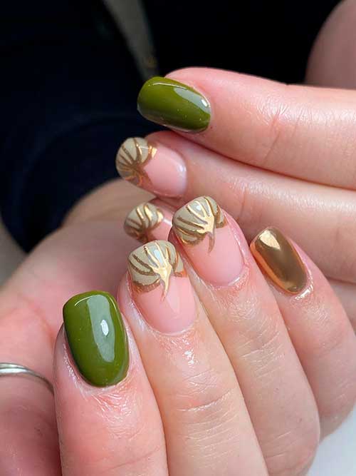 Olive with Gold Pumpkin Nails Olive with Gold Chrome Pumpkin Nails