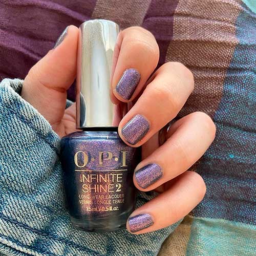 Sparkle nails with lavender iridescent nail polish Leonardo’s Model Color from OPI infinite shine Muse of Milan Fall Manicure