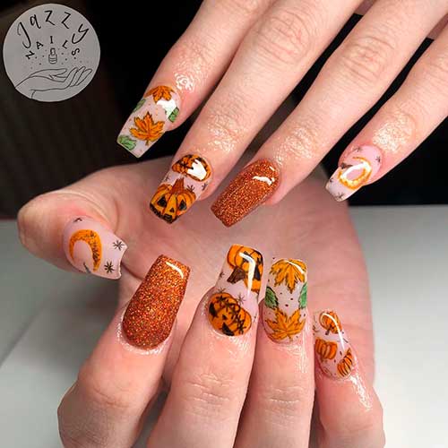 Sparkly Halloween pumpkin nails 2020 on an autumn memory
