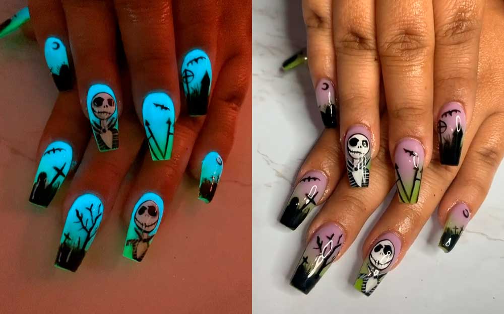 Spooky Halloween Glow in the Dark Nails 2020 Design consists of Goth and nightmare before Christmas coffin shaped nails!