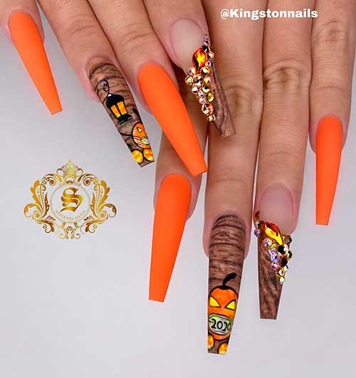 Spooky Squash Inspired Nail Art with rhinestones over coffin shaped nails 2020 for Halloween 2020