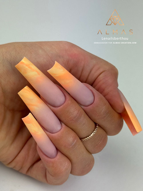 Stunning matte French ombre nails with a nude base, yellow tips, and orange marbling are the best of marble nails ideas. Stunning matte French ombre nails with a nude base, yellow tips, and orange marbling are the best of marble nails ideas.