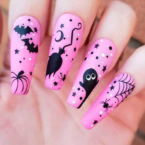 Top nails 2020 for Halloween consists of black pink savage nails coffin shaped design Top nails 2020 for Halloween consists of black pink savage nails coffin shaped design
