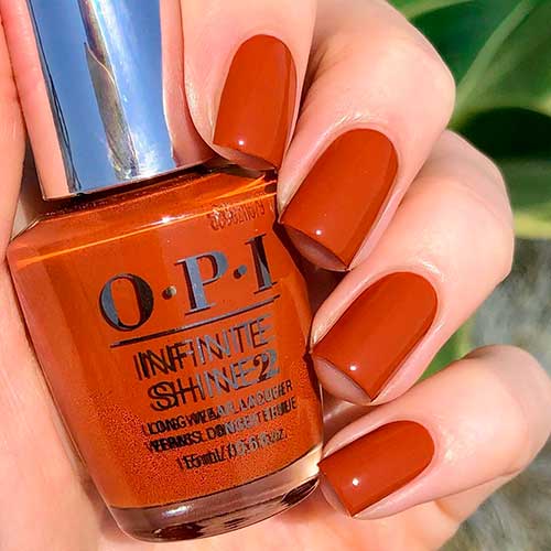 Top nails with My Italian Is A Little Rusty brown nail polish from OPI infinite shine Muse of Milan Fall Manicure 2020