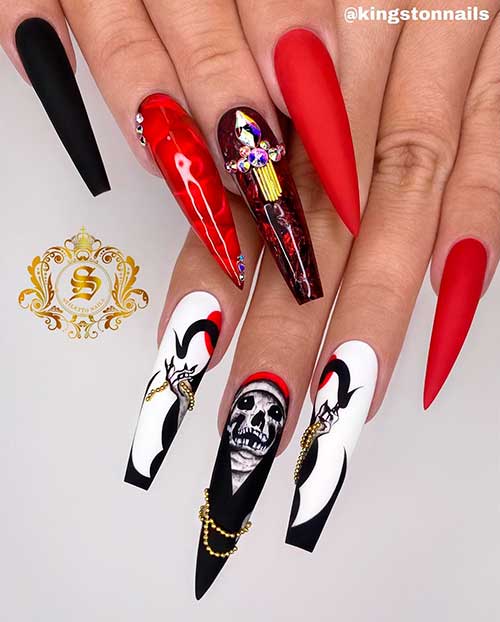 Unique nails 2020 for Halloween party consists of a combination of red, black, and white nails