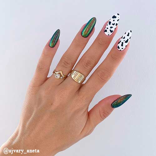 Cute green mirror nails with two accent cow print nails design! Cute green chrome nails with two accent cow print nails design are perfect fall nails