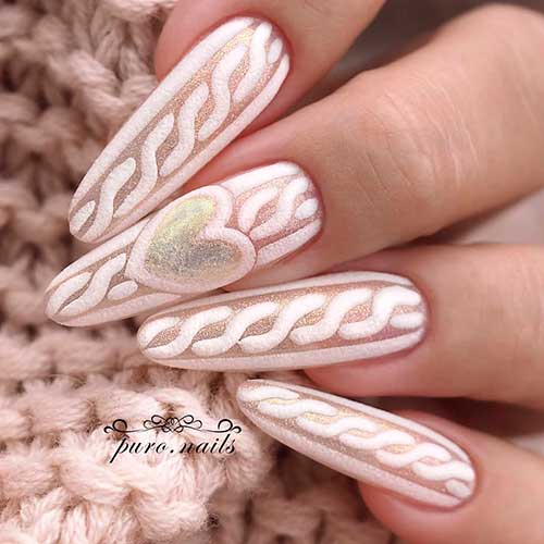 Almond shaped light pink Christmas sweater nails 2020 design!