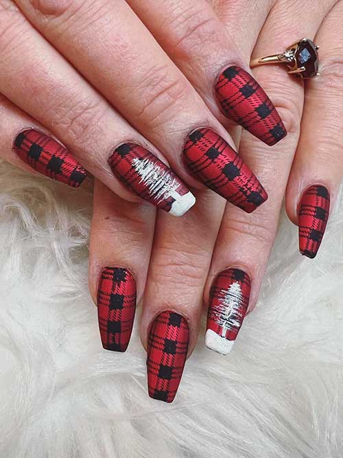 Long Coffin Red Buffalo Plaid Nails for Christmas