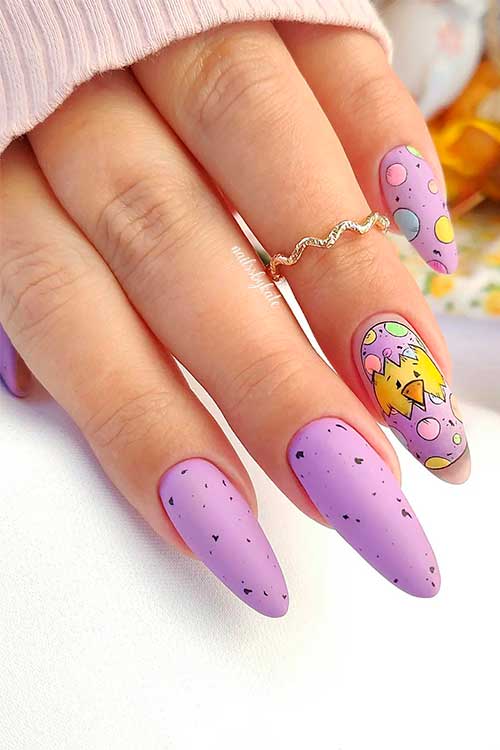 Long Almond Purple Chick and Egg Easter Nail Art