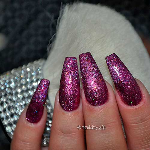 Cute Coffin Shaped Purple Nails with Glitter Design
