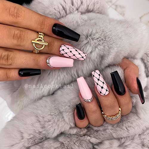 Coffin shaped Pink and Black Nails Idea with some silver rhinestones