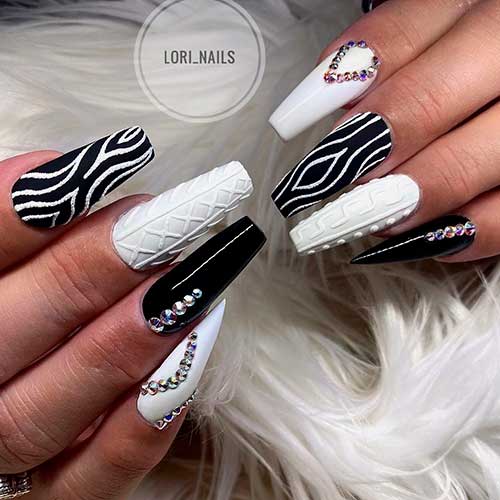 Coffin shaped black and white nails 2020 design for a stylish and chic look!