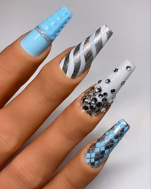 Coffin shaped blue and gray candy cane nails 2020 with rhinestones for Christmas dinner Coffin shaped blue and gray candy cane nails 2020 with rhinestones for Christmas dinner