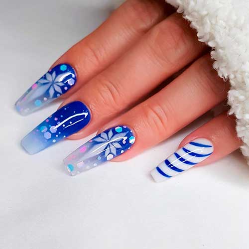 Coffin shaped blue white snowflake nails 2020 for Christmas! Coffin shaped blue white snowflake nails 2020 for Christmas!