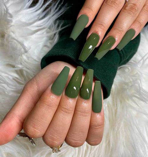 Coffin shaped glossy and matte olive green nails design for awesome look!