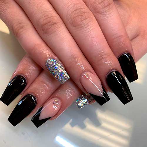 Coffin shaped winter black acrylic nails 2020 with skin-toned touch design!