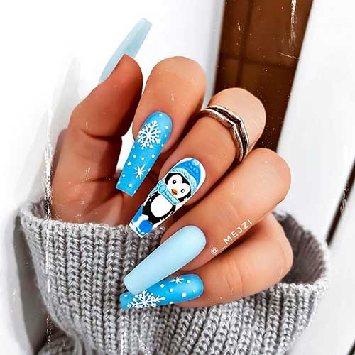 Cute Baby Blue Penguin Nails Art with two accent snowflake nails 2020 for celebration!