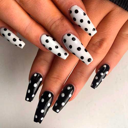 Cute Coffin shaped black and white polka dot nails 2020 design for awesome look! Cute Coffin-shaped black and white polka dot nail design for an awesome look
