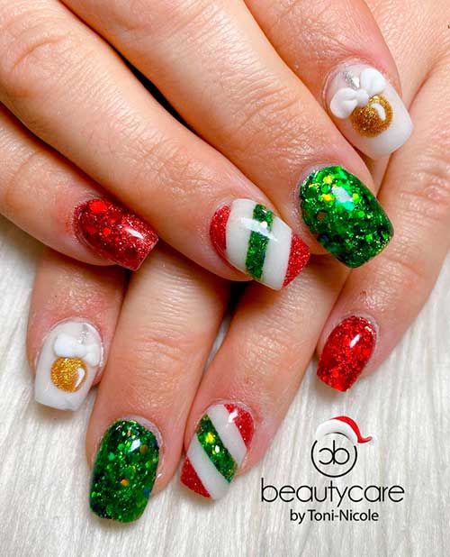 Cute Square shaped red and green glitter Christmas nails 2020 design