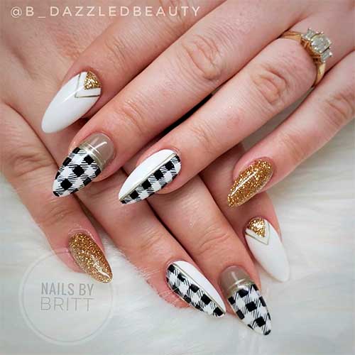 Cute almond shaped buffalo plaid nails with gold glitter and white nails design!