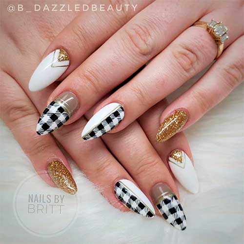 Cute almond shaped buffalo plaid nails with gold glitter and white nails design! Cute almond shaped buffalo plaid nails with gold glitter and white nails design!