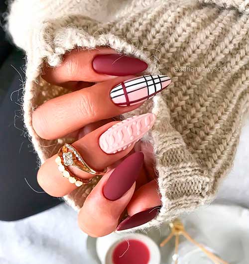 Cute almond shaped matte maroon nails 2020 with two accent plaid and sweater nails for Christmas 2020!