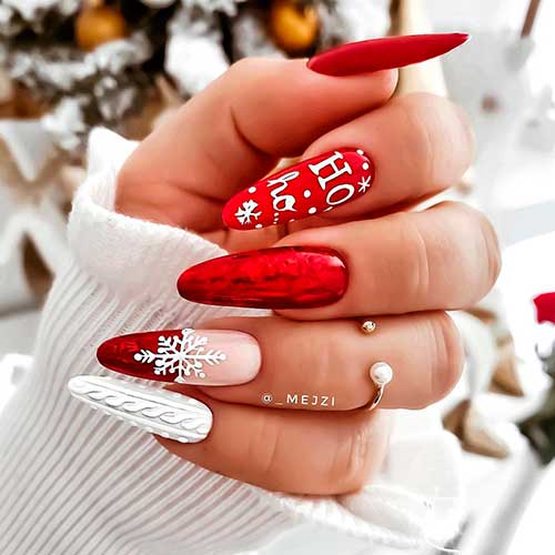 Cute almond shaped red Christmas snowflake nails 2020 design.