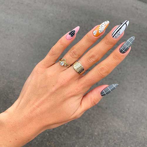 Cute almond white and grey plaid nails 2020 design for fall 2020!