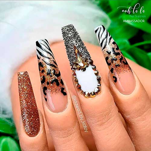 Cute coffin Tiger & Cheetah Print Nails 2020 with gold glitter and rhinestones design!