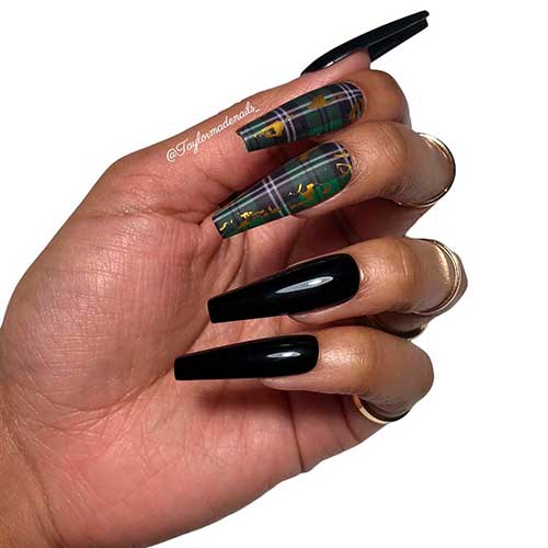 Cute long coffin shaped black nails 2020 with two accent white, olive, and dark grey plaid nails design!