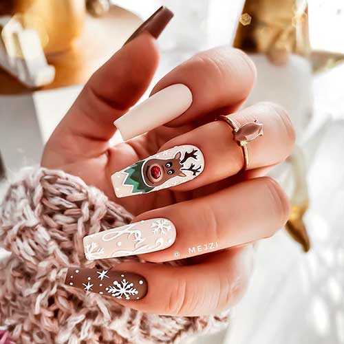 Cute matte coffin shaped Cozy with The Reindeer Christmas nails 2020 with accent matte brown snowflake nail design