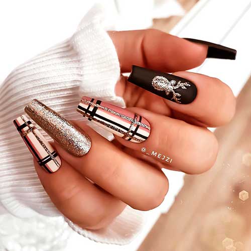 Cute rose gold and black plaid nails 2020 with matte dark brown coffin nails, and the gold glitter elevates the design beauty.