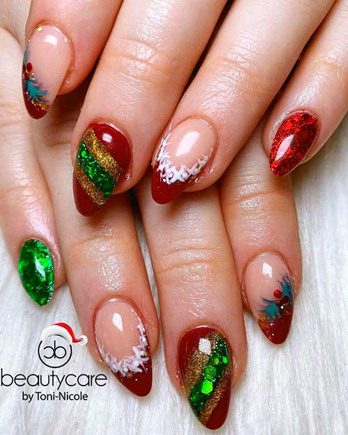 Cute short almond dark red and green Christmas nails 2020 idea