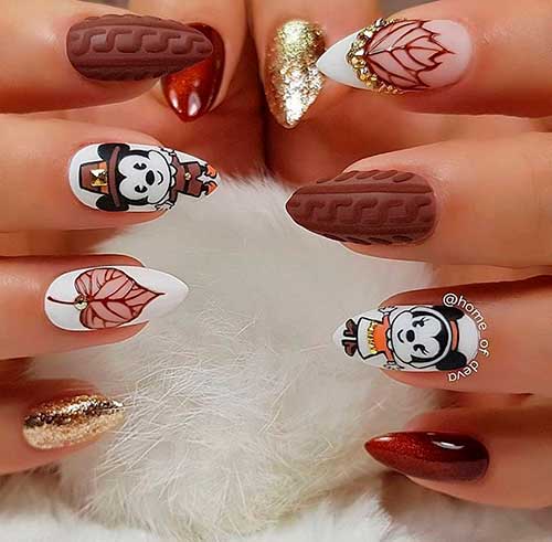 Cute short almond thanksgiving Mickey Mouse nails 2020 with chocolate, glittery and fall flower design!
